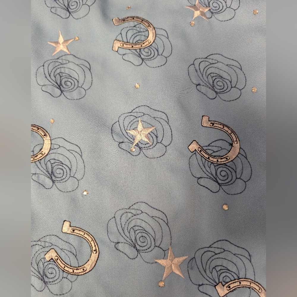 Scully Western-Style Snap Button-Up Shirt Piping Horseshoes Roses Rhinestone SzM - Picture 7 of 7